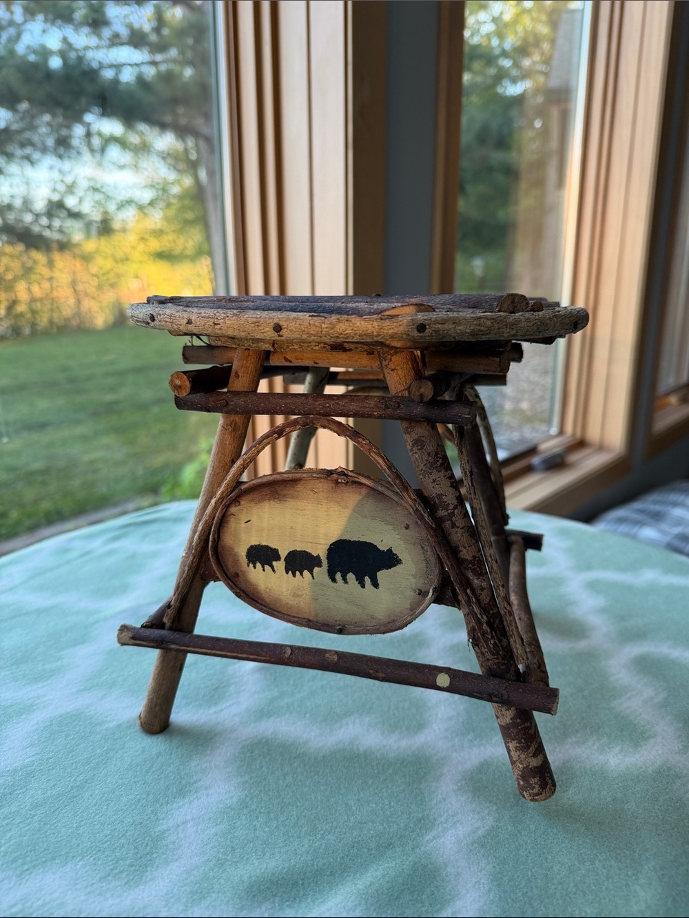 Rustic Handmade Twig Plant Stand with Bear plaque 9” diameter Natural Colors
